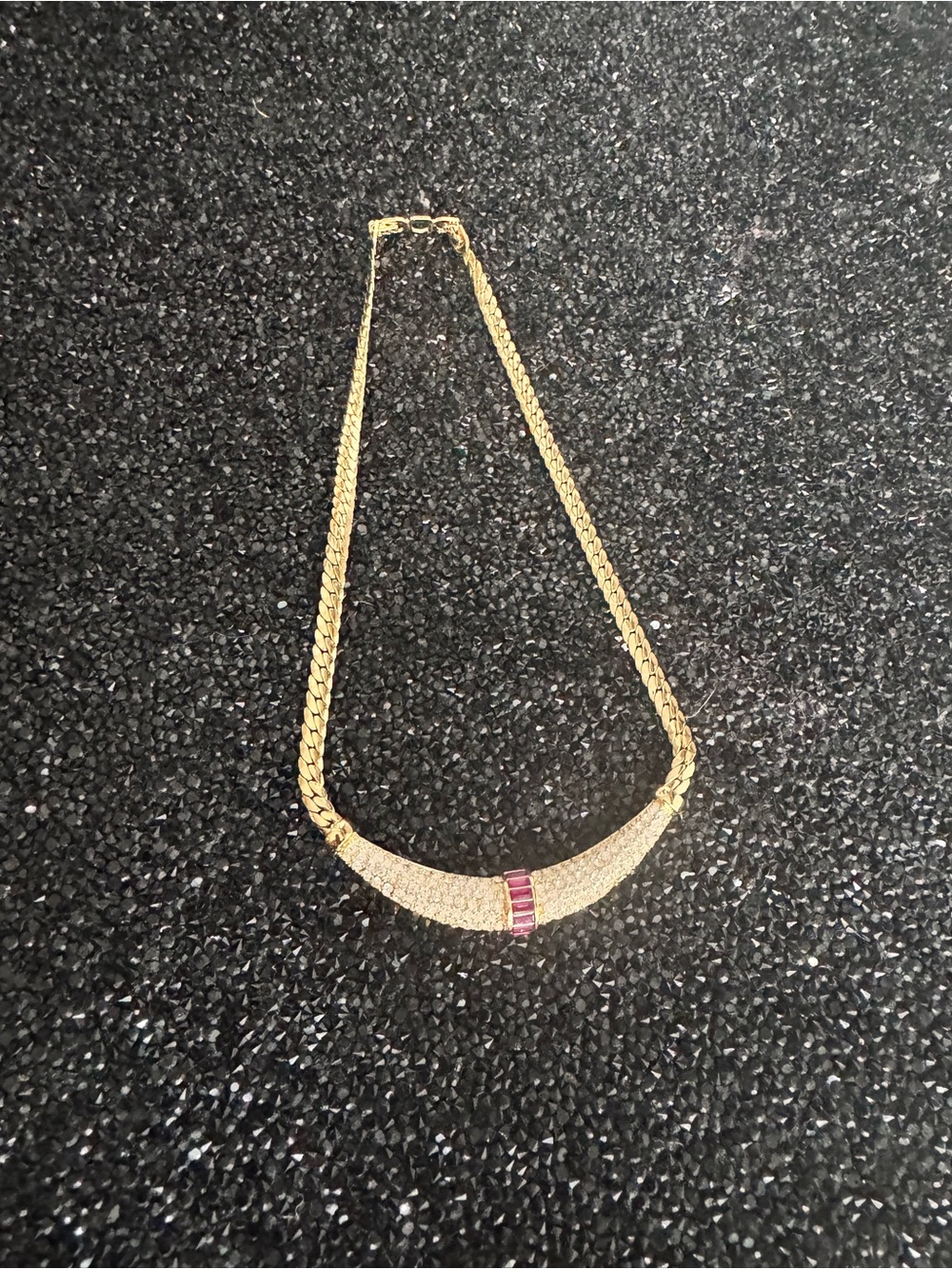Dior Gold-Tone Pavé Crescent Necklace with Pink Baguette Accents